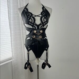 Honey Birdette Claire Black Gold Strappy Lingerie Set L bodysuit and garter